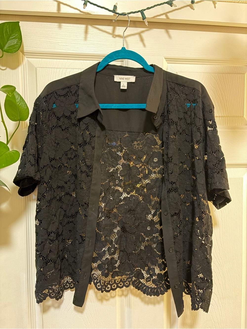 Nine West Black Lace Button-Front Short Sleeve Shirt